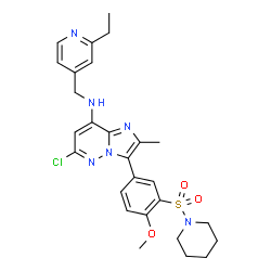ChemSpider 2D Image | 6-Chloro-N-[(2-ethyl-4-pyridinyl)methyl]-3-[4-methoxy-3-(1-piperidinylsulfonyl)phenyl]-2-methylimidazo[1,2-b]pyridazin-8-amine | C27H31ClN6O3S