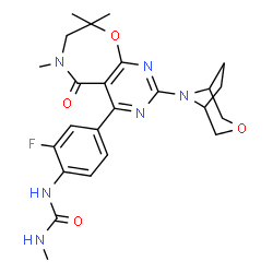 ChemSpider 2D Image | 1-{2-Fluoro-4-[6,8,8-trimethyl-2-(3-oxa-8-azabicyclo[3.2.1]oct-8-yl)-5-oxo-5,6,7,8-tetrahydropyrimido[5,4-f][1,4]oxazepin-4-yl]phenyl}-3-methylurea | C24H29FN6O4