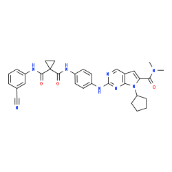 ChemSpider 2D Image | N-(3-Cyanophenyl)-N'-(4-{[7-cyclopentyl-6-(dimethylcarbamoyl)-7H-pyrrolo[2,3-d]pyrimidin-2-yl]amino}phenyl)-1,1-cyclopropanedicarboxamide | C32H32N8O3