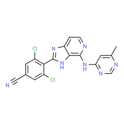ChemSpider 2D Image | 3,5-Dichloro-4-{4-[(6-methyl-4-pyrimidinyl)amino]-3H-imidazo[4,5-c]pyridin-2-yl}benzonitrile | C18H11Cl2N7