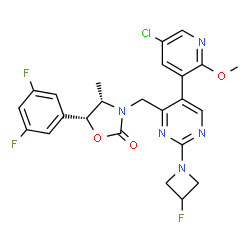 ChemSpider 2D Image | (4S,5R)-3-{[5-(5-Chloro-2-methoxy-3-pyridinyl)-2-(3-fluoro-1-azetidinyl)-4-pyrimidinyl]methyl}-5-(3,5-difluorophenyl)-4-methyl-1,3-oxazolidin-2-one | C24H21ClF3N5O3