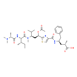 ChemSpider 2D Image | N,N-Dimethyl-D-alanyl-N-[(1R,3R)-1-acetoxy-1-(4-{[(2R,4S)-4-carboxy-1-phenyl-2-pentanyl]carbamoyl}-1,3-thiazol-2-yl)-4-methyl-3-pentanyl]-N-methyl-L-isoleucinamide | C36H55N5O7S