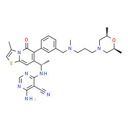 ChemSpider 2D Image | 4-Amino-6-({(1S)-1-[6-(3-{[{3-[(2R,6S)-2,6-dimethyl-4-morpholinyl]propyl}(methyl)amino]methyl}phenyl)-3-methyl-5-oxo-5H-[1,3]thiazolo[3,2-a]pyridin-7-yl]ethyl}amino)-5-pyrimidinecarbonitrile | C32H40N8O2S