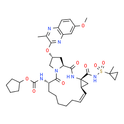 ChemSpider 2D Image | Cyclopentyl [(2R,6S,12Z,13aS,14aR,16aS)-2-[(7-methoxy-3-methyl-2-quinoxalinyl)oxy]-14a-{[(1-methylcyclopropyl)sulfonyl]carbamoyl}-5,16-dioxo-1,2,3,5,6,7,8,9,10,11,13a,14,14a,15,16,16a-hexadecahydrocyc
lopropa[e]pyrrolo[1,2-a][1,4]diazacyclopentadecin-6-yl]carbamate | C38H50N6O9S