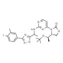 ChemSpider 2D Image | (4R)-3-[2-({1-[3-(4-Fluoro-3-methylphenyl)-1,2,4-oxadiazol-5-yl]ethyl}amino)-4-pyrimidinyl]-4-{(1R)-1-[(2-methyl-2-propanyl)oxy]ethyl}-1,3-oxazolidin-2-one | C24H29FN6O4