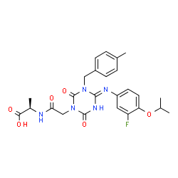 ChemSpider 2D Image | N-{[(4E)-4-[(3-Fluoro-4-isopropoxyphenyl)imino]-3-(4-methylbenzyl)-2,6-dioxo-1,3,5-triazinan-1-yl]acetyl}-D-alanine | C25H28FN5O6