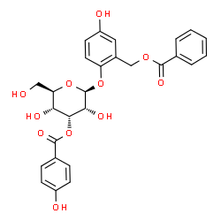 ChemSpider 2D Image | 5-Hydroxy-2-{[3-O-(4-hydroxybenzoyl)-beta-D-allopyranosyl]oxy}benzyl benzoate | C27H26O11