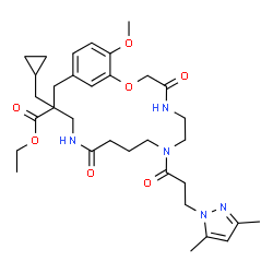 ChemSpider 2D Image | Ethyl 15-(cyclopropylmethyl)-8-[3-(3,5-dimethyl-1H-pyrazol-1-yl)propanoyl]-20-methoxy-4,12-dioxo-2-oxa-5,8,13-triazabicyclo[15.3.1]henicosa-1(21),17,19-triene-15-carboxylate | C33H47N5O7