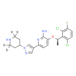 ChemSpider 2D Image | 3-[(1R)-1-(2,6-Dichloro-3-fluorophenyl)ethoxy]-6-{1-[(2,2,6,6-~2~H_4_)-4-piperidinyl]-1H-pyrazol-4-yl}-2-pyridinamine | C21H18D4Cl2FN5O