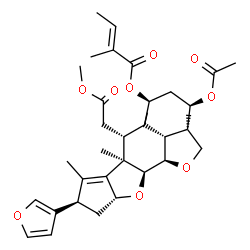ChemSpider 2D Image | (2aR,3R,5S,5aR,6R,6aR,8R,9aR,10aS,10bR,10cR)-3-Acetoxy-8-(3-furyl)-6-(2-methoxy-2-oxoethyl)-2a,5a,6a,7-tetramethyl-2a,4,5,5a,6,6a,8,9,9a,10a,10b,10c-dodecahydro-2H,3H-cyclopenta[b]furo[2',3',4':4,5]na
phtho[2,3-d]furan-5-yl (2E)-2-methyl-2-butenoate | C34H44O9