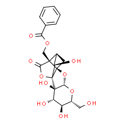 ChemSpider 2D Image | [(1R,3R,4R,6S,9S)-1-(beta-D-Glucopyranosyloxy)-4-hydroxy-6-methyl-8-oxo-7-oxatricyclo[4.3.0.0~3,9~]non-9-yl]methyl benzoate | C23H28O11