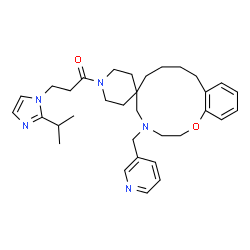 ChemSpider 2D Image | 3-(2-Isopropyl-1H-imidazol-1-yl)-1-[4-(3-pyridinylmethyl)-2,3,4,5,7,8,9,10-octahydro-1'H-spiro[1,4-benzoxazacyclododecine-6,4'-piperidin]-1'-yl]-1-propanone | C33H45N5O2