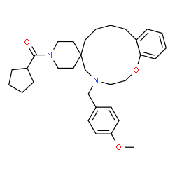 ChemSpider 2D Image | Cyclopentyl[4-(4-methoxybenzyl)-2,3,4,5,7,8,9,10-octahydro-1'H-spiro[1,4-benzoxazacyclododecine-6,4'-piperidin]-1'-yl]methanone | C32H44N2O3