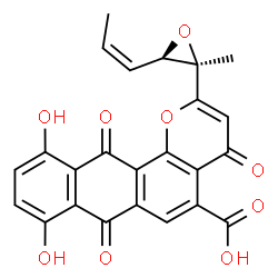 ChemSpider 2D Image | 8,11-Dihydroxy-2-{(2R,3R)-2-methyl-3-[(1Z)-1-propen-1-yl]-2-oxiranyl}-4,7,12-trioxo-7,12-dihydro-4H-naphtho[2,3-h]chromene-5-carboxylic acid | C24H16O9