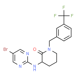 ChemSpider 2D Image | 3-[(5-Bromo-2-pyrimidinyl)amino]-1-[3-(trifluoromethyl)benzyl]-2-piperidinone | C17H16BrF3N4O