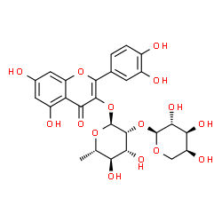 ChemSpider 2D Image | 2-(3,4-Dihydroxyphenyl)-5,7-dihydroxy-4-oxo-4H-chromen-3-yl 2-O-alpha-L-arabinopyranosyl-6-deoxy-alpha-L-mannopyranoside | C26H28O15
