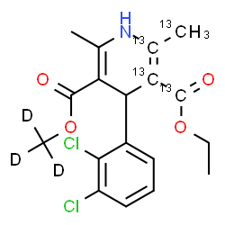 ChemSpider 2D Image | 3-Ethyl 5-(~2~H_3_)methyl 4-(2,3-dichlorophenyl)-6-methyl-2-(~13~C)methyl(2,3-~13~C_2_)-1,4-dihydro-3,5-pyridine(3-~13~C)dicarboxylate | C1413C4H16D3Cl2NO4