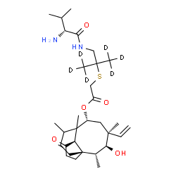 ChemSpider 2D Image | (1S,2R,3S,4S,6R,8R)-3-Hydroxy-2,4,7,14-tetramethyl-9-oxo-4-vinyltricyclo[5.4.3.0~1,8~]tetradec-6-yl {[2-(~2~H_3_)methyl-1-(D-valylamino)(3,3,3-~2~H_3_)-2-propanyl]sulfanyl}acetate | C31H46D6N2O5S