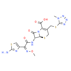 ChemSpider 2D Image | (6S,7R)-7-{[(2Z)-2-(2-Amino-1,3-thiazol-4-yl)-2-(methoxyimino)acetyl]amino}-3-{[(1-methyl-1H-tetrazol-5-yl)sulfanyl]methyl}-8-oxo-5-thia-1-azabicyclo[4.2.0]oct-2-ene-2-carboxylic acid | C16H17N9O5S3