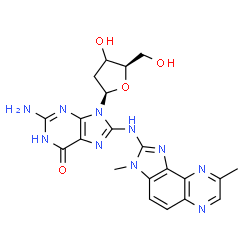 ChemSpider 2D Image | 2-Amino-9-[(3xi)-2-deoxy-beta-D-glycero-pentofuranosyl]-8-[(3,8-dimethyl-3H-imidazo[4,5-f]quinoxalin-2-yl)amino]-1,9-dihydro-6H-purin-6-one | C21H22N10O4