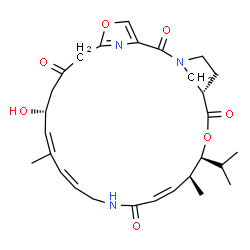 ChemSpider 2D Image | (10R,11Z,13Z,18Z,20S,21S,24S)-10-Hydroxy-21-isopropyl-12,20-dimethyl-5,22-dioxa-1,16,28-triazatricyclo[22.2.1.1~3,6~]octacosa-3,6(28),11,13,18-pentaene-2,8,17,23-tetrone | C28H37N3O7