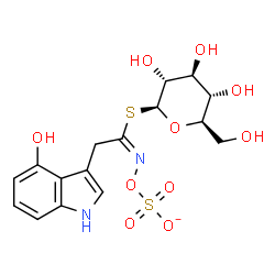 ChemSpider 2D Image | 1-S-[(1E)-2-(4-Hydroxy-1H-indol-3-yl)-N-(sulfonatooxy)ethanimidoyl]-1-thio-beta-D-glucopyranose | C16H19N2O10S2