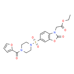 ChemSpider 2D Image | Ethyl [6-{[4-(2-furoyl)-1-piperazinyl]sulfonyl}-2-oxo-1,3-benzoxazol-3(2H)-yl]acetate | C20H21N3O8S