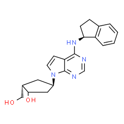 ChemSpider 2D Image | (2S,4R)-4-{4-[(1S)-2,3-Dihydro-1H-inden-1-ylamino]-7H-pyrrolo[2,3-d]pyrimidin-7-yl}-2-(hydroxymethyl)cyclopentanol | C21H24N4O2