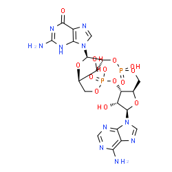 ChemSpider 2D Image | 2-Amino-9-[(1R,6R,8R,9R,10S,15R,17R)-8-(6-amino-9H-purin-9-yl)-3,9,12,18-tetrahydroxy-3,12-dioxido-2,4,7,11,13,16-hexaoxa-3,12-diphosphatricyclo[13.2.1.0~6,10~]octadec-17-yl]-3,9-dihydro-6H-purin-6-on
e | C20H24N10O13P2