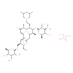ChemSpider 2D Image | {(2R,3R,4E,6E,9R,11R,12S,13S)-12-{[3,6-Dideoxy-3-(dimethylamino)-beta-D-glucopyranosyl]oxy}-11-[2-(3,5-dimethyl-1-piperidinyl)ethyl]-2-ethyl-14-hydroxy-5,9,13-trimethyl-8,16-dioxooxacyclohexadeca-4,6-
dien-3-yl}methyl 6-deoxy-2,3-di-O-methyl-beta-D-allopyranoside phosphate (1:1) | C46H83N2O17P