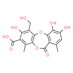 ChemSpider 2D Image | 3,4,7-Trihydroxy-6-(hydroxymethyl)-1,9-dimethyl-11-oxo-11H-dibenzo[b,e][1,4]dioxepine-8-carboxylic acid | C17H14O9