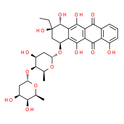 ChemSpider 2D Image | (1S,3R,4R)-3-Ethyl-3,4,5,10,12-pentahydroxy-6,11-dioxo-1,2,3,4,6,11-hexahydro-1-tetracenyl 2,6-dideoxy-4-O-(2,6-dideoxy-alpha-L-lyxo-hexopyranosyl)-alpha-L-lyxo-hexopyranoside | C32H38O14