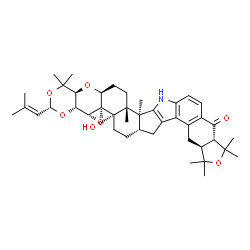 ChemSpider 2D Image | (3S,4aR,4bR,5aS,5bS,7aS,9aS,12aS,16bS,16cR,18aS,19aS)-5b-Hydroxy-1,1,10,10,12,12,16b,16c-octamethyl-3-(2-methyl-1-propen-1-yl)-1,4a,4b,6,7,7a,9,9a,10,12,12a,16,16b,16c,17,18,18a,19a-octadecahydro-5bH-
[2]benzofuro[5,6-e][1,3]dioxino[5'',4'':2',3']oxireno[4',4a']chromeno[5',6':6,7]indeno[1,2-b]indol-13(8H)-one | C42H55NO7