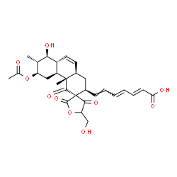 ChemSpider 2D Image | (2E,4E,6E)-7-[(2'S,3R,4a'S,4b'S,6'R,7'R,8'S,8a'R,10a'R)-6'-Acetoxy-8'-hydroxy-5-(hydroxymethyl)-4a',7'-dimethyl-2,4,4'-trioxo-1',4,4',4a',4b',5,5',6',7',8',8a',10a'-dodecahydro-2'H-spiro[furan-3,3'-ph
enanthren]-2'-yl]-2,4,6-heptatrienoic acid | C29H34O10
