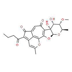 ChemSpider 2D Image | (7bR,8R,9S,10R,11aS)-4-Butyryl-7b,8-dihydroxy-9-methoxy-2,10-dimethyl-7b,9,10,11a-tetrahydro-8H-pyrano[4'',3'',2'':3',4']azuleno[6',5':4,5]furo[2,3-b]pyran-5,7-dione | C24H24O9