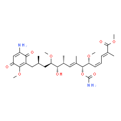 ChemSpider 2D Image | Methyl (2E,4Z,6R,7R,8E,10R,11S,12R,14R)-15-(5-amino-2-methoxy-3,6-dioxo-1,4-cyclohexadien-1-yl)-7-(carbamoyloxy)-11-hydroxy-6,12-dimethoxy-2,8,10,14-tetramethyl-2,4,8-pentadecatrienoate | C30H44N2O10