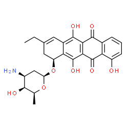 ChemSpider 2D Image | (1S)-3-Ethyl-5,10,12-trihydroxy-6,11-dioxo-1,2,6,11-tetrahydro-1-tetracenyl 3-amino-2,3,6-trideoxy-beta-L-lyxo-hexopyranoside | C26H27NO8