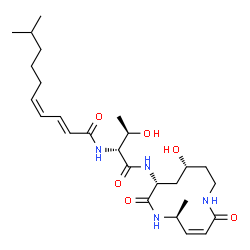 ChemSpider 2D Image | (2E,4Z)-N-[(2R,3R)-3-Hydroxy-1-{[(3Z,5S,8R,10R)-10-hydroxy-5-methyl-2,7-dioxo-1,6-diazacyclododec-3-en-8-yl]amino}-1-oxo-2-butanyl]-9-methyl-2,4-decadienamide | C26H42N4O6