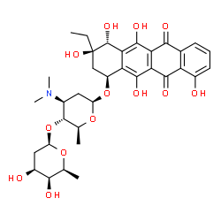 ChemSpider 2D Image | (1S,3R,4R)-3-Ethyl-3,4,5,10,12-pentahydroxy-6,11-dioxo-1,2,3,4,6,11-hexahydro-1-tetracenyl 2,3,6-trideoxy-4-O-(2,6-dideoxy-beta-L-lyxo-hexopyranosyl)-3-(dimethylamino)-beta-L-arabino-hexopyranoside | C34H43NO13