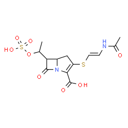 ChemSpider 2D Image | 3-{[(E)-2-Acetamidovinyl]sulfanyl}-7-oxo-6-[1-(sulfooxy)ethyl]-1-azabicyclo[3.2.0]hept-2-ene-2-carboxylic acid | C13H16N2O8S2