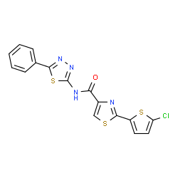 ChemSpider 2D Image | 2-(5-Chloro-2-thienyl)-N-(5-phenyl-1,3,4-thiadiazol-2-yl)-1,3-thiazole-4-carboxamide | C16H9ClN4OS3