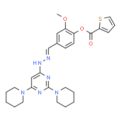 ChemSpider 2D Image | 4-[(E)-{[2,6-Di(1-piperidinyl)-4-pyrimidinyl]hydrazono}methyl]-2-methoxyphenyl 2-thiophenecarboxylate | C27H32N6O3S