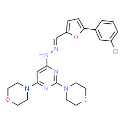 ChemSpider 2D Image | 4,4'-{6-[(2E)-2-{[5-(3-Chlorophenyl)-2-furyl]methylene}hydrazino]-2,4-pyrimidinediyl}dimorpholine | C23H25ClN6O3