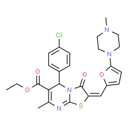 ChemSpider 2D Image | Ethyl (2E)-5-(4-chlorophenyl)-7-methyl-2-{[5-(4-methyl-1-piperazinyl)-2-furyl]methylene}-3-oxo-2,3-dihydro-5H-[1,3]thiazolo[3,2-a]pyrimidine-6-carboxylate | C26H27ClN4O4S