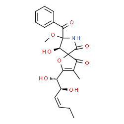 ChemSpider 2D Image | (9R)-8-Benzoyl-2-[(1S,2S,3Z)-1,2-dihydroxy-3-hexen-1-yl]-9-hydroxy-8-methoxy-3-methyl-1-oxa-7-azaspiro[4.4]non-2-ene-4,6-dione | C22H25NO8