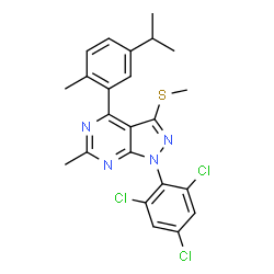 ChemSpider 2D Image | 4-(5-Isopropyl-2-methylphenyl)-6-methyl-3-(methylsulfanyl)-1-(2,4,6-trichlorophenyl)-1H-pyrazolo[3,4-d]pyrimidine | C23H21Cl3N4S