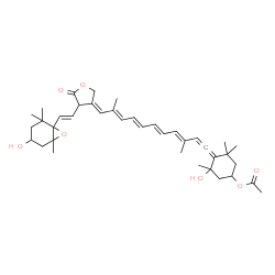 ChemSpider 2D Image | 3-Hydroxy-4-[(3E,5E,7E,9E,11Z)-11-{4-[(E)-2-(4-hydroxy-2,2,6-trimethyl-7-oxabicyclo[4.1.0]hept-1-yl)vinyl]-5-oxodihydro-3(2H)-furanylidene}-3,10-dimethyl-1,3,5,7,9-undecapentaen-1-ylidene]-3,5,5-trime
thylcyclohexyl acetate | C39H52O7