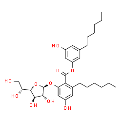 ChemSpider 2D Image | 3-Hexyl-5-hydroxyphenyl 2-(beta-D-galactofuranosyloxy)-6-hexyl-4-hydroxybenzoate | C31H44O10