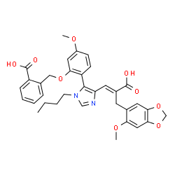 ChemSpider 2D Image | 2-[(2-{1-Butyl-4-[(1E)-2-carboxy-3-(6-methoxy-1,3-benzodioxol-5-yl)-1-propen-1-yl]-1H-imidazol-5-yl}-5-methoxyphenoxy)methyl]benzoic acid | C34H34N2O9