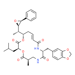 ChemSpider 2D Image | (3S,6R,10R,13E,16S)-10-(1,3-Benzodioxol-5-ylmethyl)-3-isobutyl-6-methyl-16-{(1S)-1-[(2R,3S)-3-phenyl-2-oxiranyl]ethyl}-1,4-dioxa-8,11-diazacyclohexadec-13-ene-2,5,9,12-tetrone | C35H42N2O9